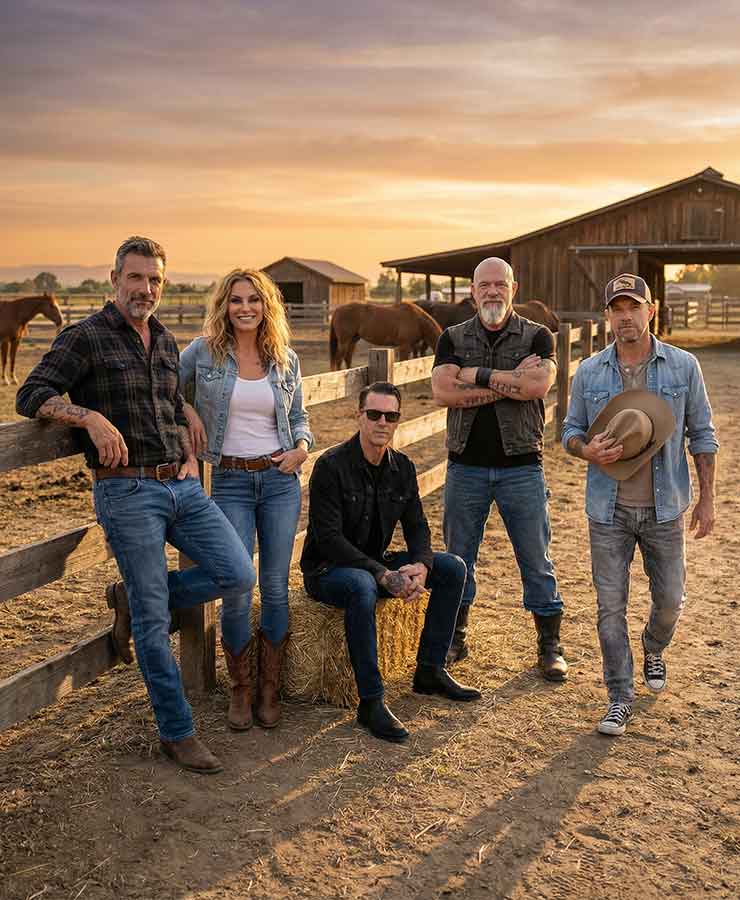 Rust & Rogue at a rustic ranch at sunset